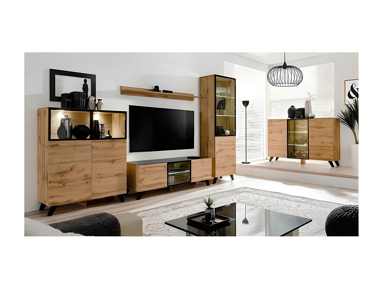Meuble TV Design LED "Thin" 150cm Noir & Naturel