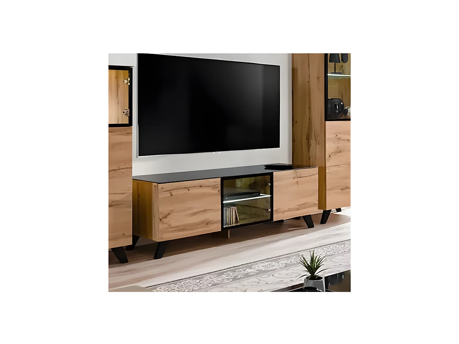 Meuble TV Design LED "Thin" 150cm Noir & Naturel
