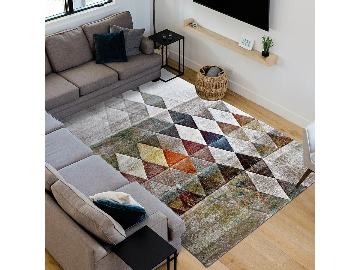 tapis grand salon 280x380 tissé beige rectangle motif géométrique LYN8 BELO 19