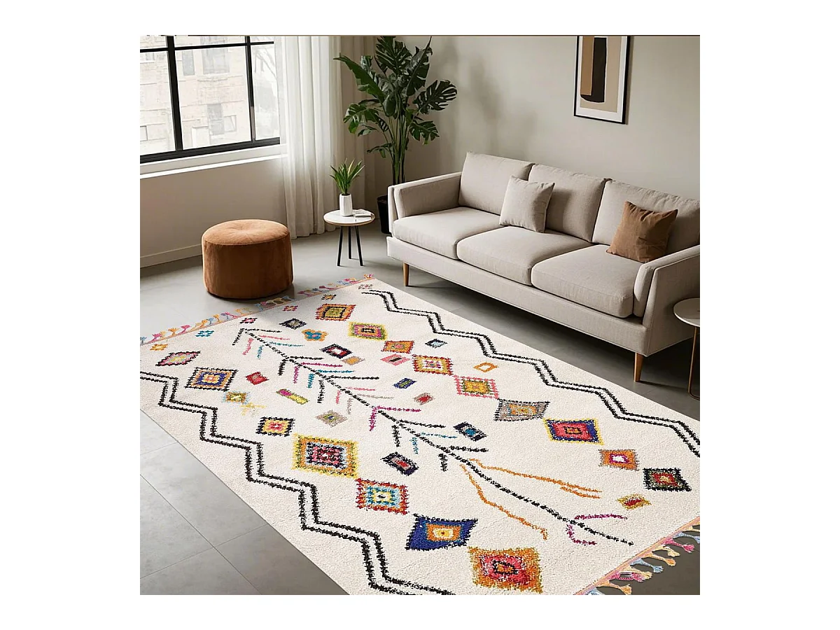 Tapis berbère 80x150 tissé motif ethnic LYN5 OURIKA ivoire