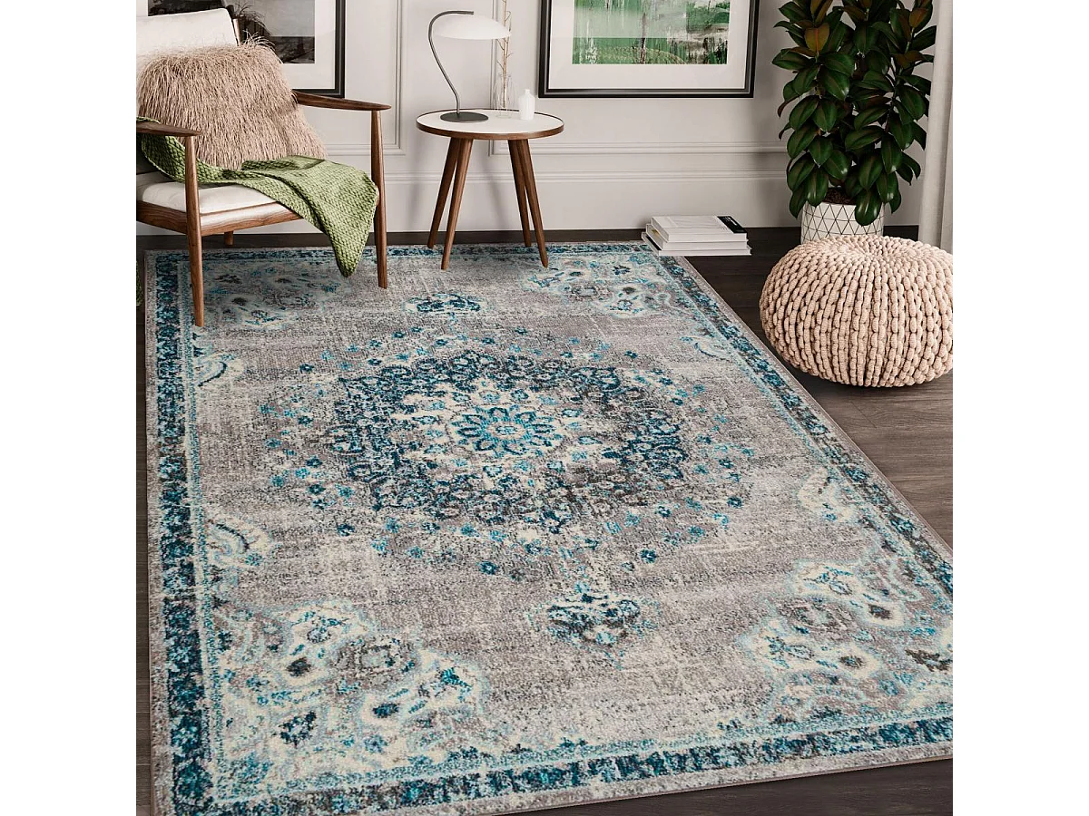 Tapis orient 120x170 rectangle bleu et bleu ciel tissé motif traditionnel OLDA