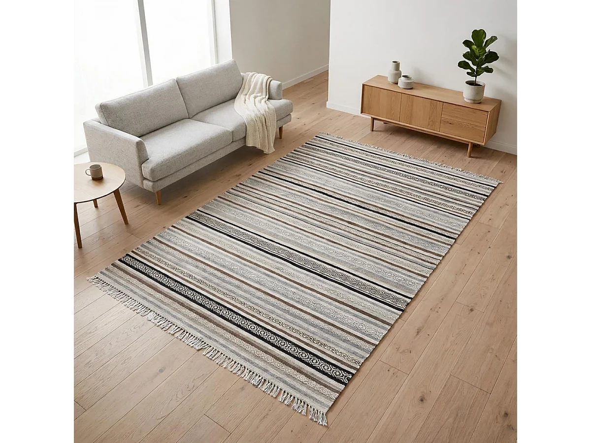 Tappeto Kilim 160x230 rettangolo realizzato a mano in lana beige e marrone