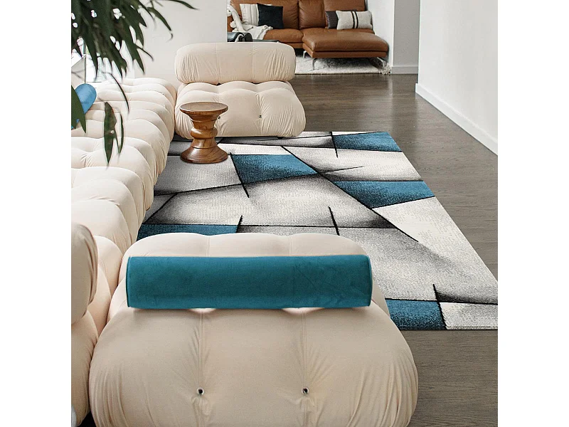 tapis salon 120x170 tissé turquoise rectangle motif géométrique TRIANGULA