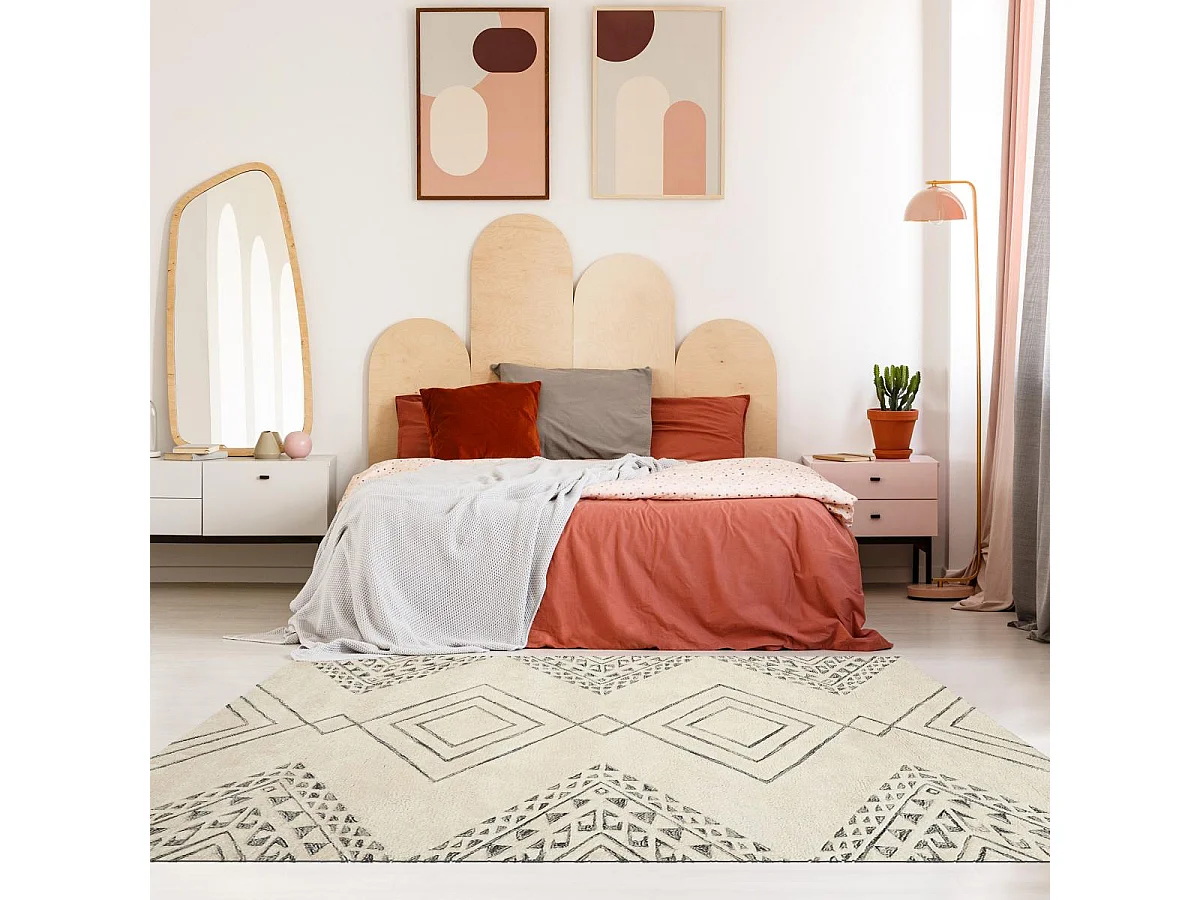 tapis salon 160x230 fait à la main en laine beige motif traditionnel