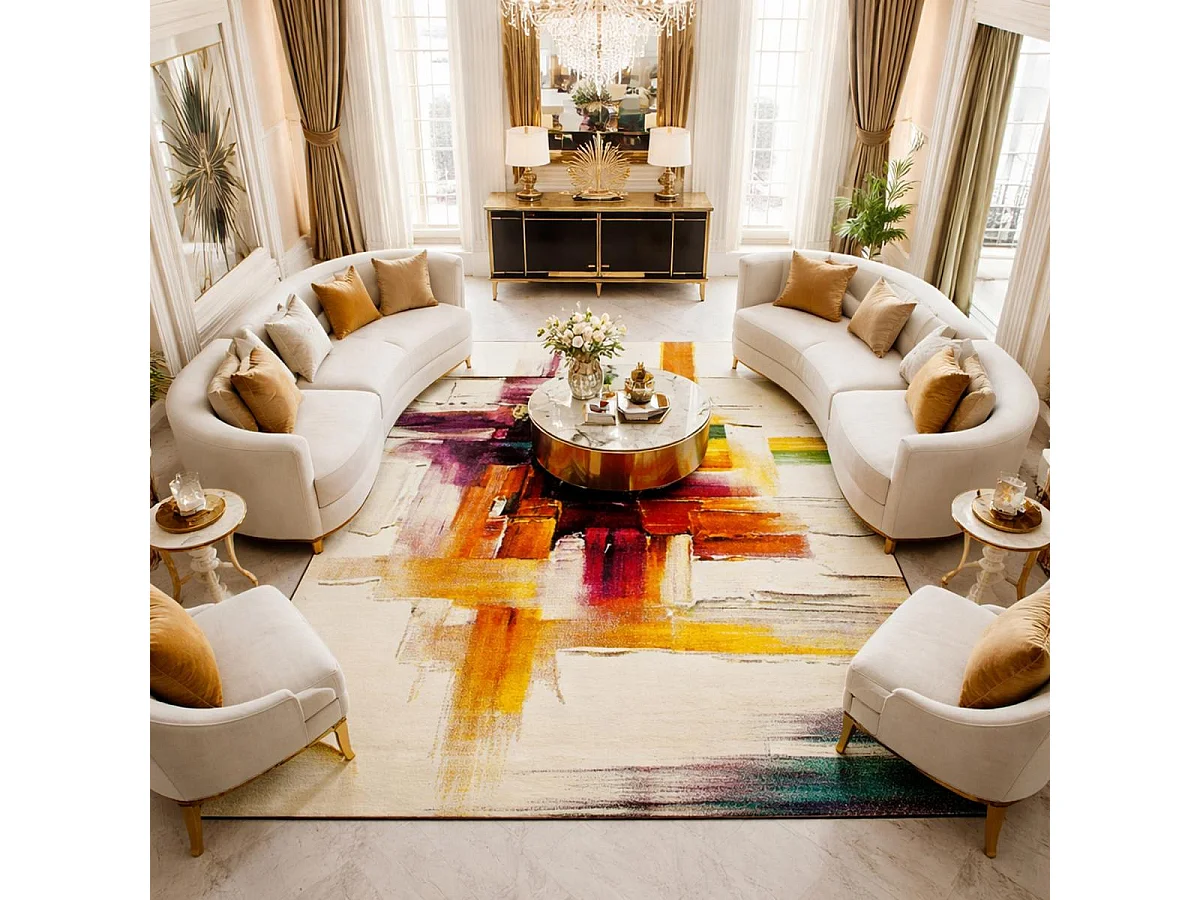 tapis entrée 60x110 tissé crème rectangle motif abstrait LYN8 BELO 3