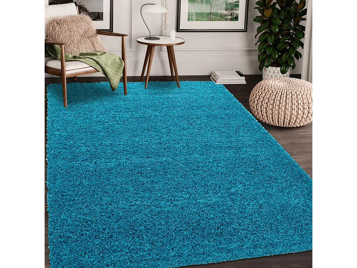 Tapis poils longs shaggy Ø80cm rond tissé turquoise motif uni UNI L