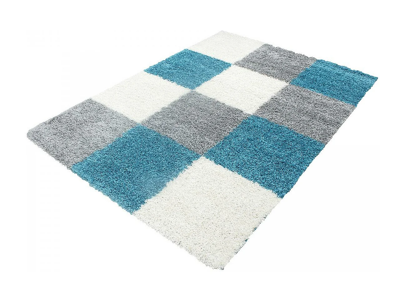 Tapis poils longs shaggy 60x110 rectangle tissé bleu ciel et gris motif damier