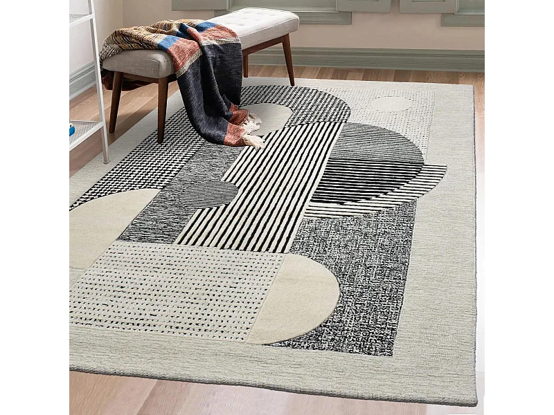 tapis salon 200x290 fait à la main en laine crème rectangle motif géométrique