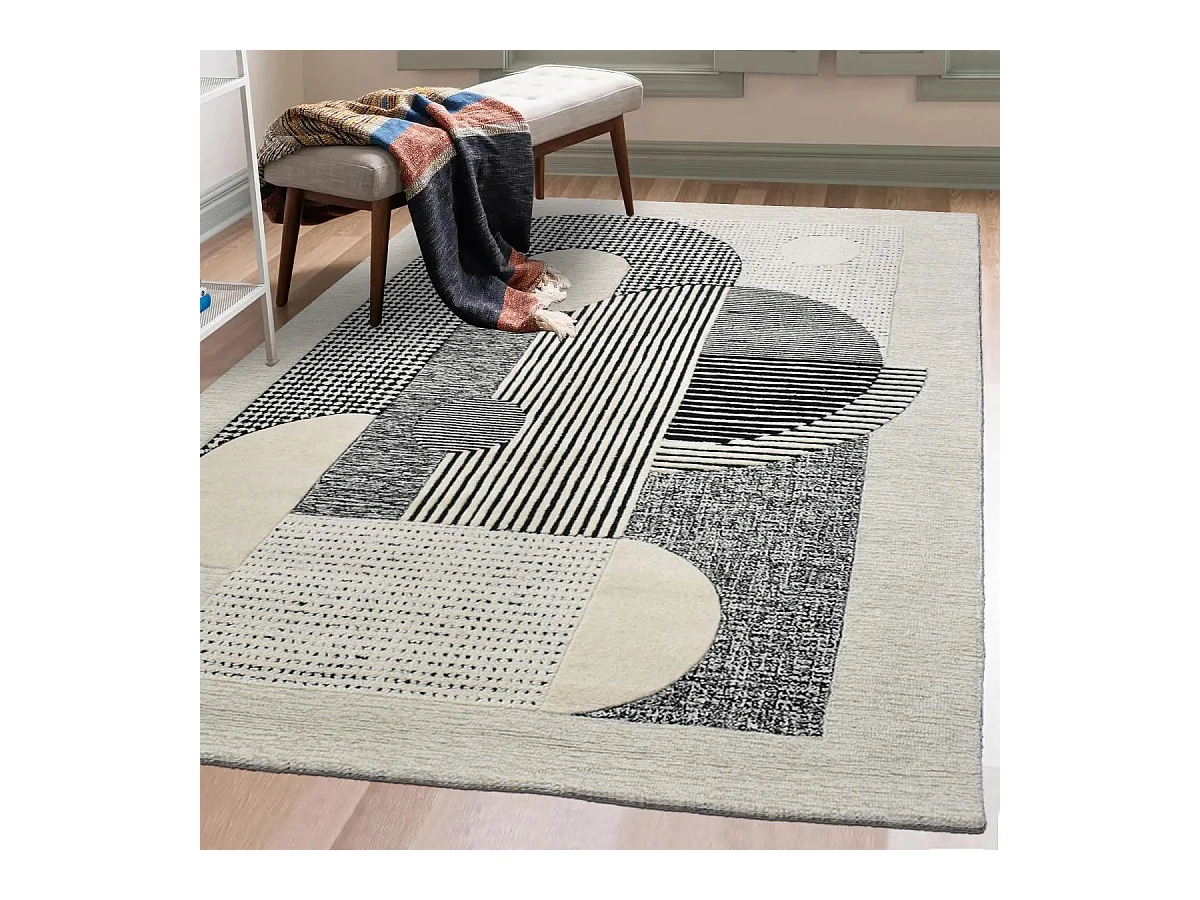 tapis salon 200x290 fait à la main en laine crème rectangle motif géométrique