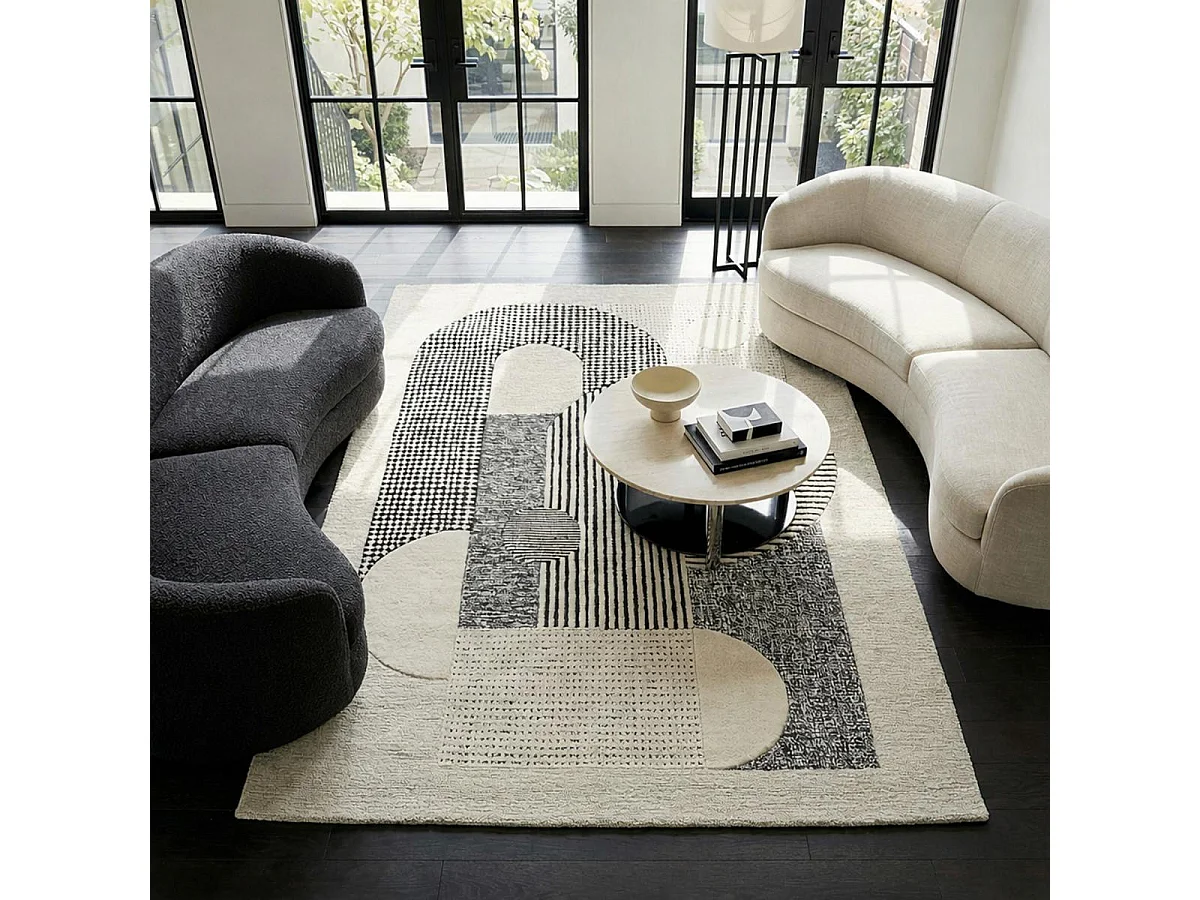 tappeto da soggiorno 200x290 realizzato a mano in lana panna fantasia geometrica rettangolare