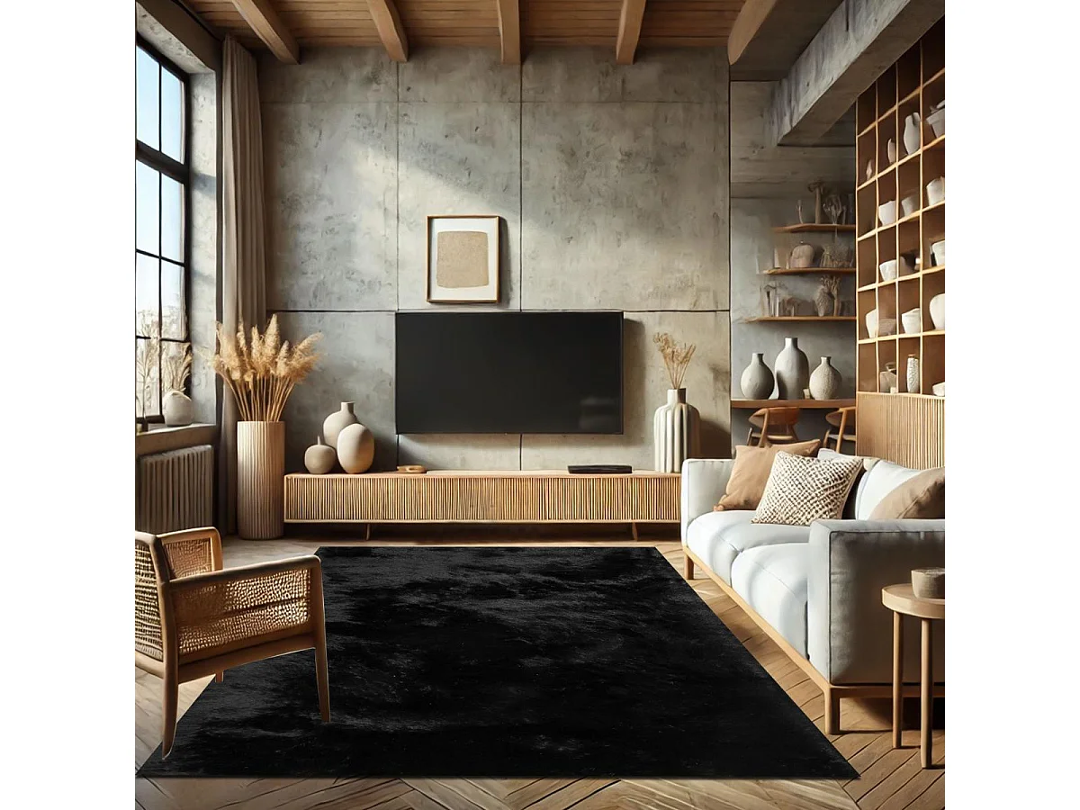 Tapis shaggy 120x180 rectangle fait main noir motif uni SG FIN