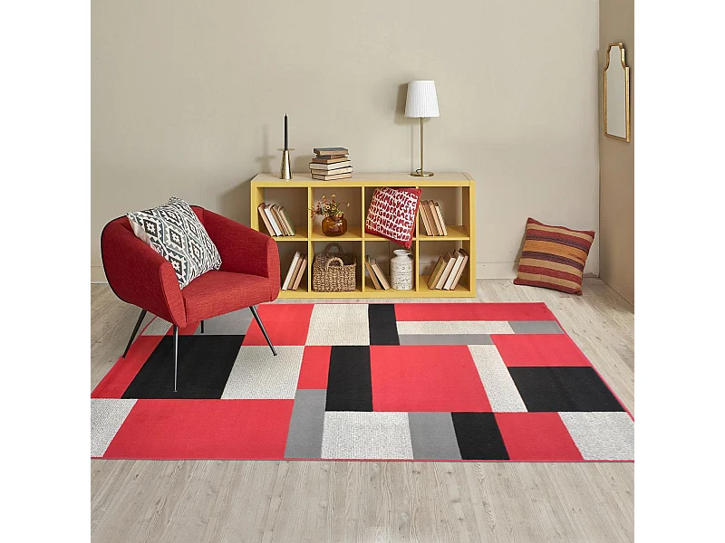 tapis salon 160x225 tissé rouge et noir rectangle motif géométrique LYN1 DARBU