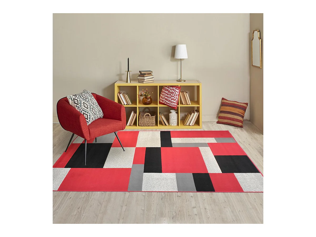 tapis salon 160x225 tissé rouge et noir rectangle motif géométrique LYN1 DARBU