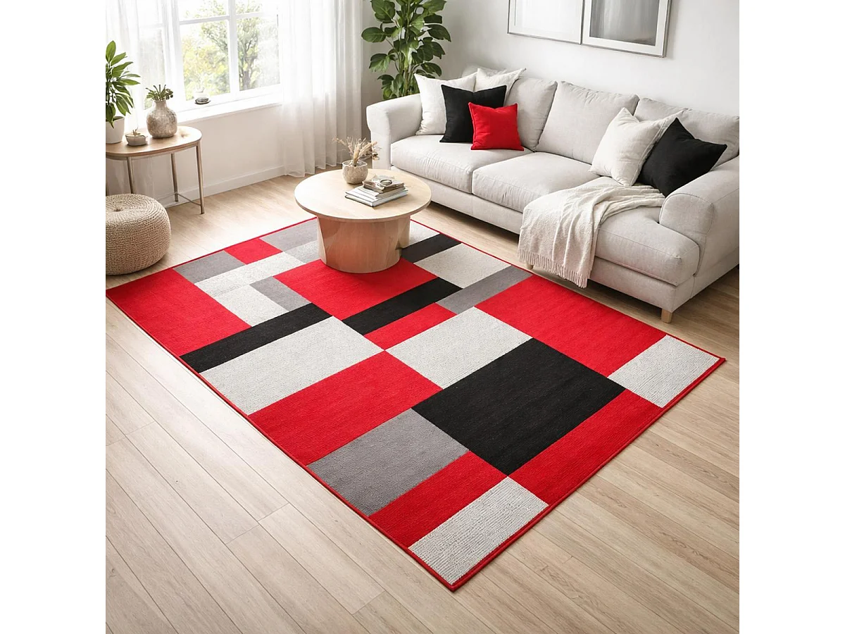 tapis salon 160x225 tissé rouge et noir rectangle motif géométrique LYN1 DARBU