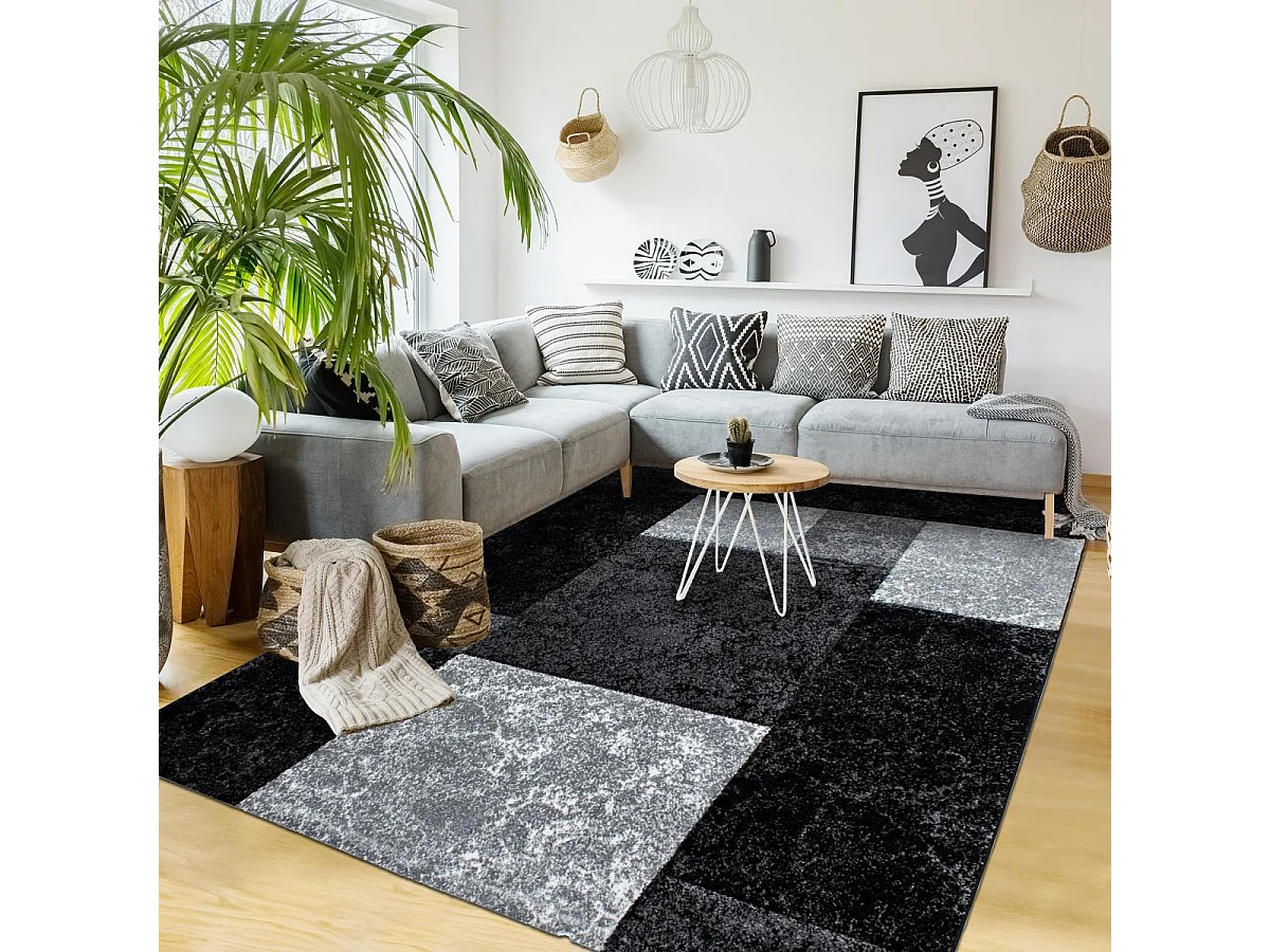 tapis salon 160x230 tissé noir et gris rectangle motif géométrique CARARELLE