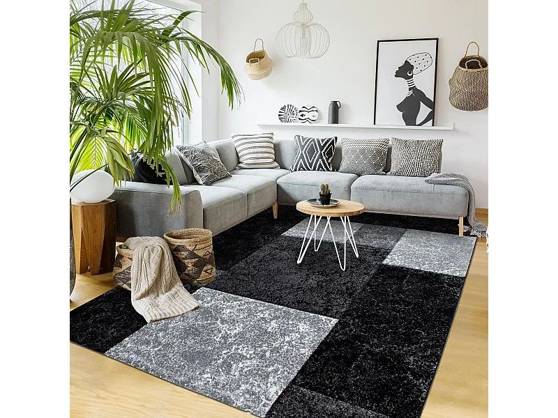 tapis salon 160x230 tissé noir et gris rectangle motif géométrique CARARELLE