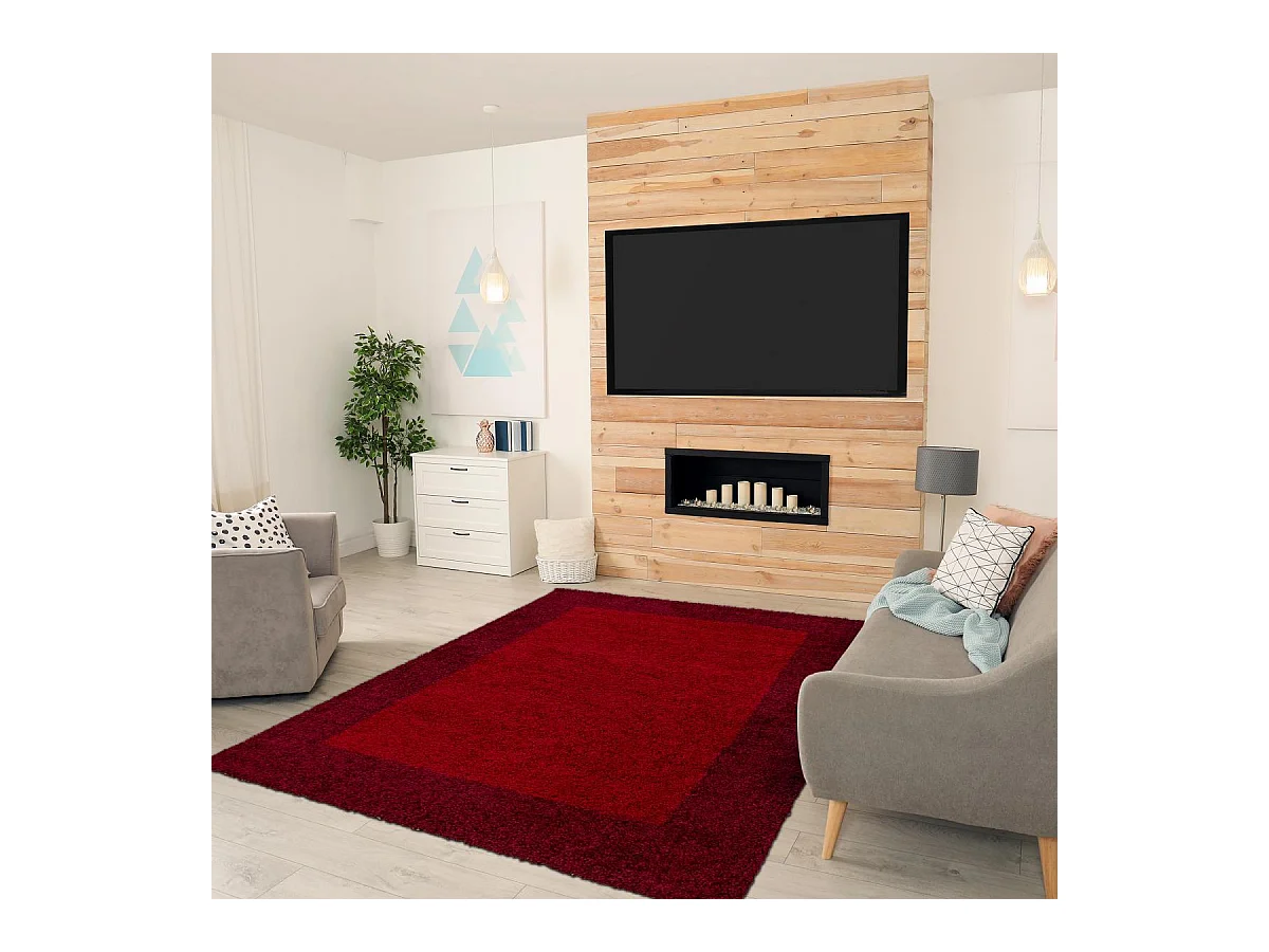 Tapis poils longs shaggy Ø200cm rond tissé rouge clair et rouge foncé