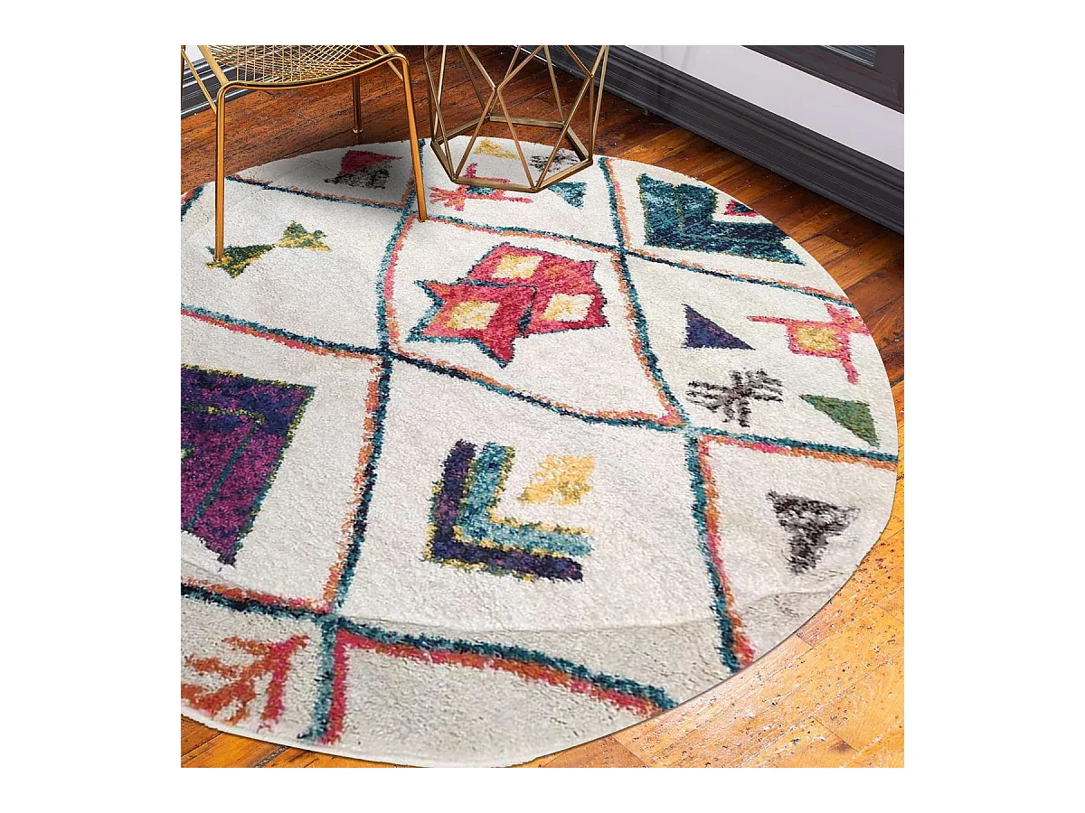 Tapis berbère rond Ø160cm tissé motifs tribaux LYN5 OURIKA blanc