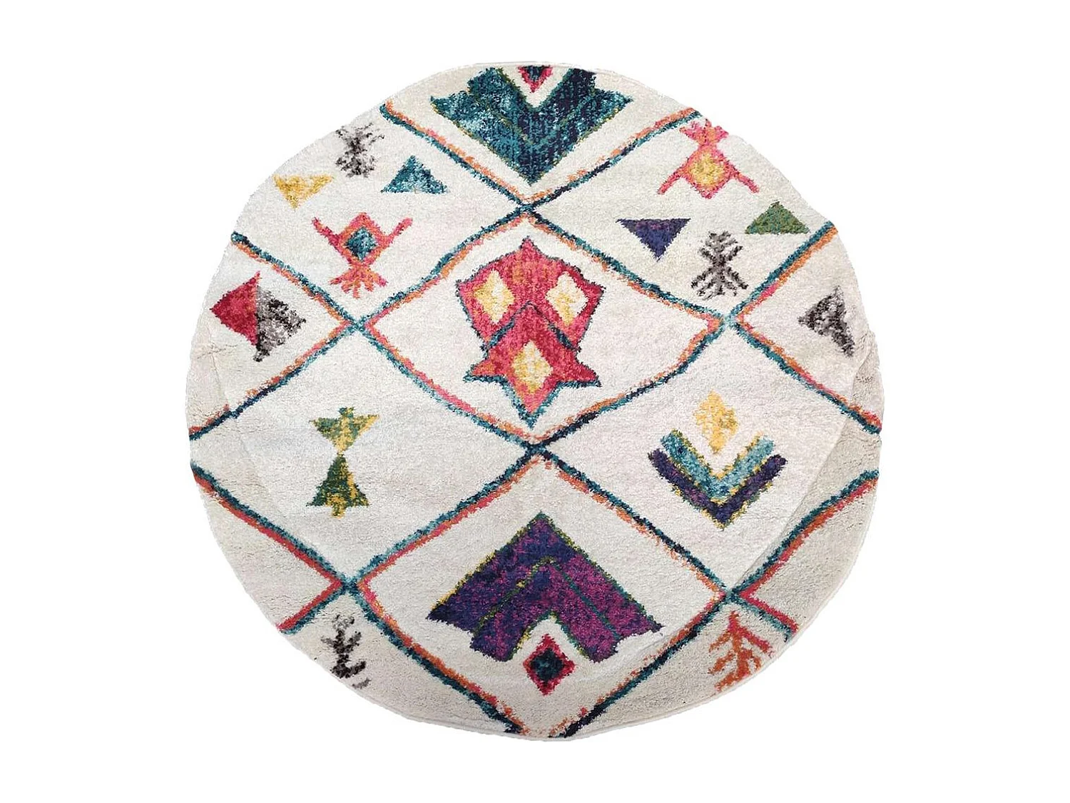 Tapis berbère rond Ø160cm tissé motifs tribaux LYN5 OURIKA C blanc