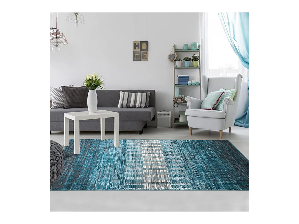 tapis salon 160x230 tissé bleu et blanc rectangle motif géométrique LYN1 GEOFLOU