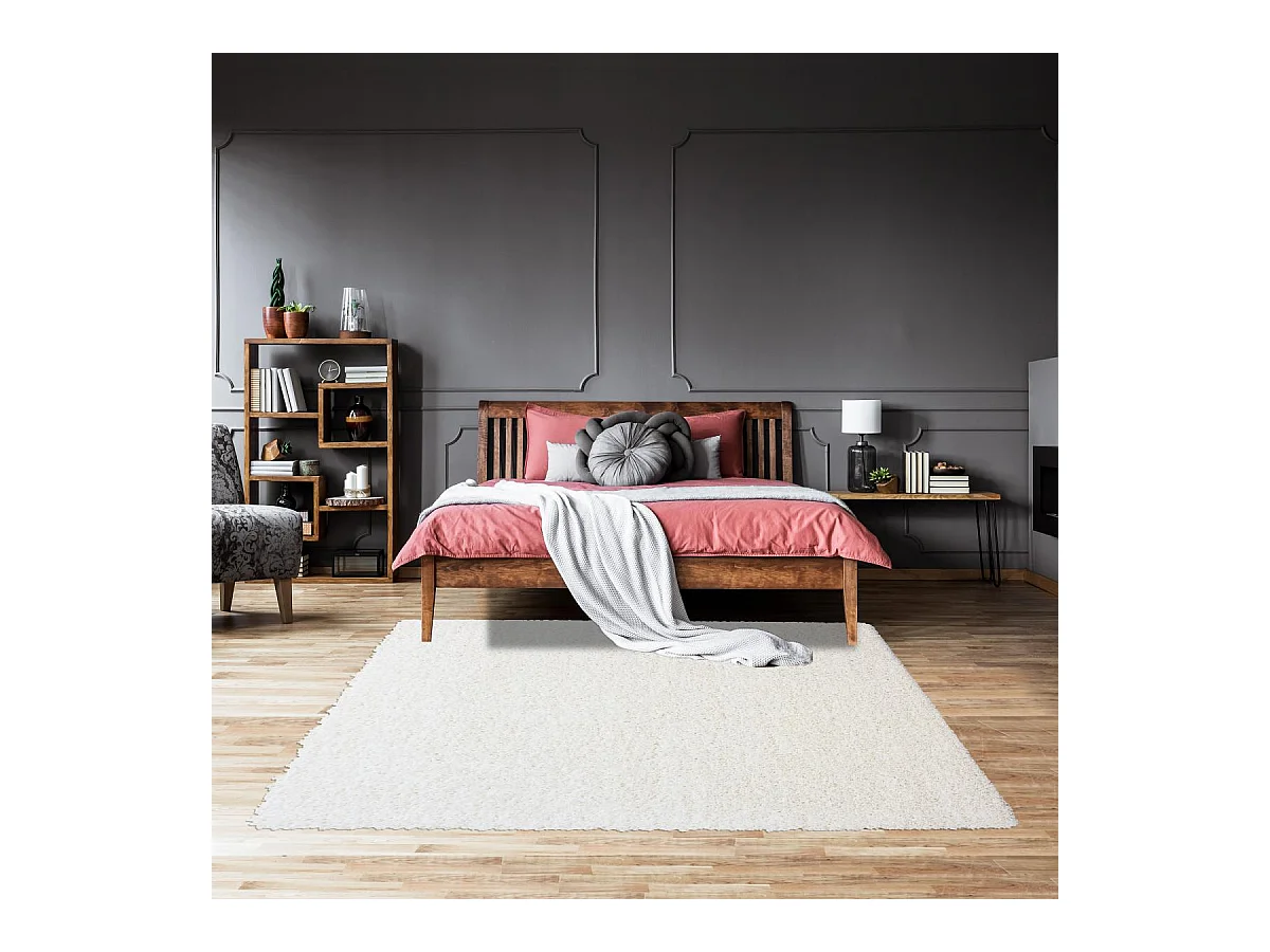 Tapis poils longs shaggy 80x250 rectangle tissé crème motif uni UNI L
