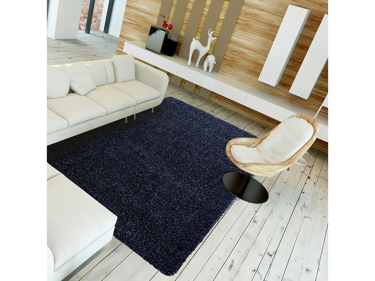 Tapis poils longs shaggy 200x290 rectangle tissé bleu marine motif uni UNI L