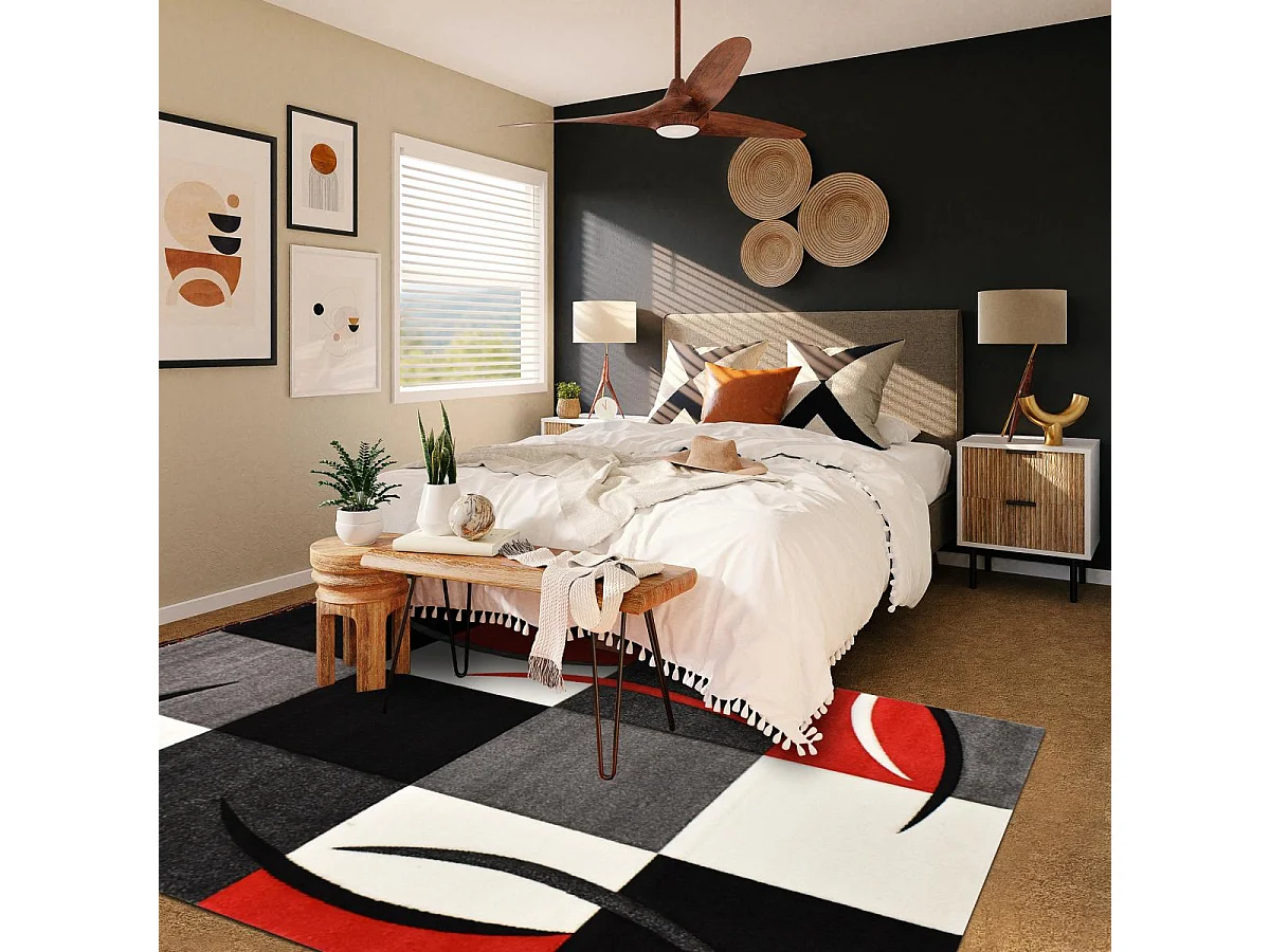 tapis chambre 80x150 tissé rouge rectangle motif géométrique DI 65