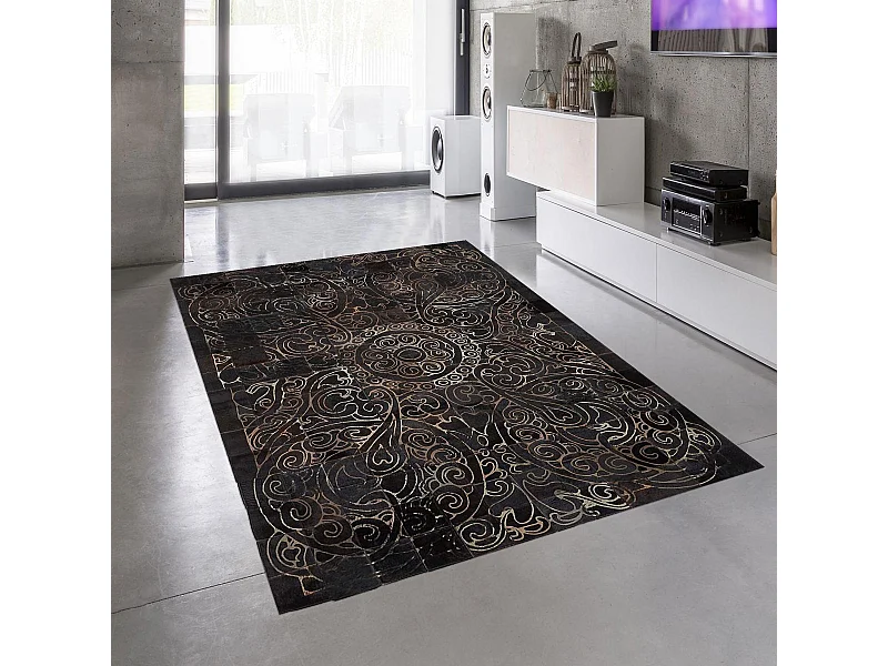 Tapis peau de vache 80x150 kilim fait main marron et bleu