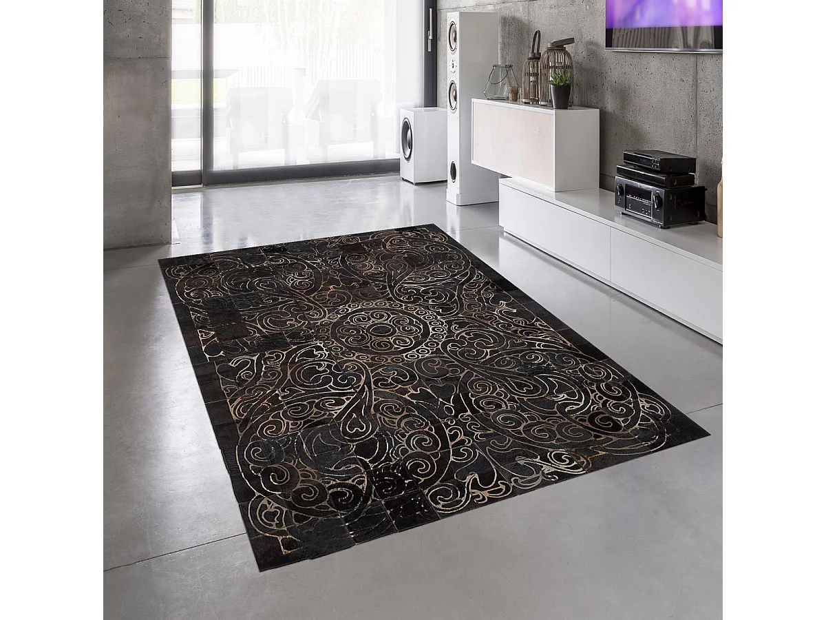 Tapis peau de vache 80x150 kilim fait main marron et bleu