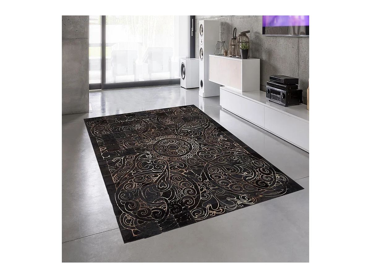 Tapis peau de vache 80x150 kilim fait main marron et bleu