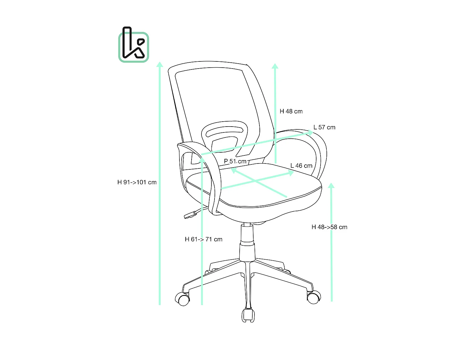 Silla de oficina ergonómica giratoria ajustable en altura, asiento de tejido Mesh, soporte lumbar, ruedas suaves FLAG-E (negro blanco)