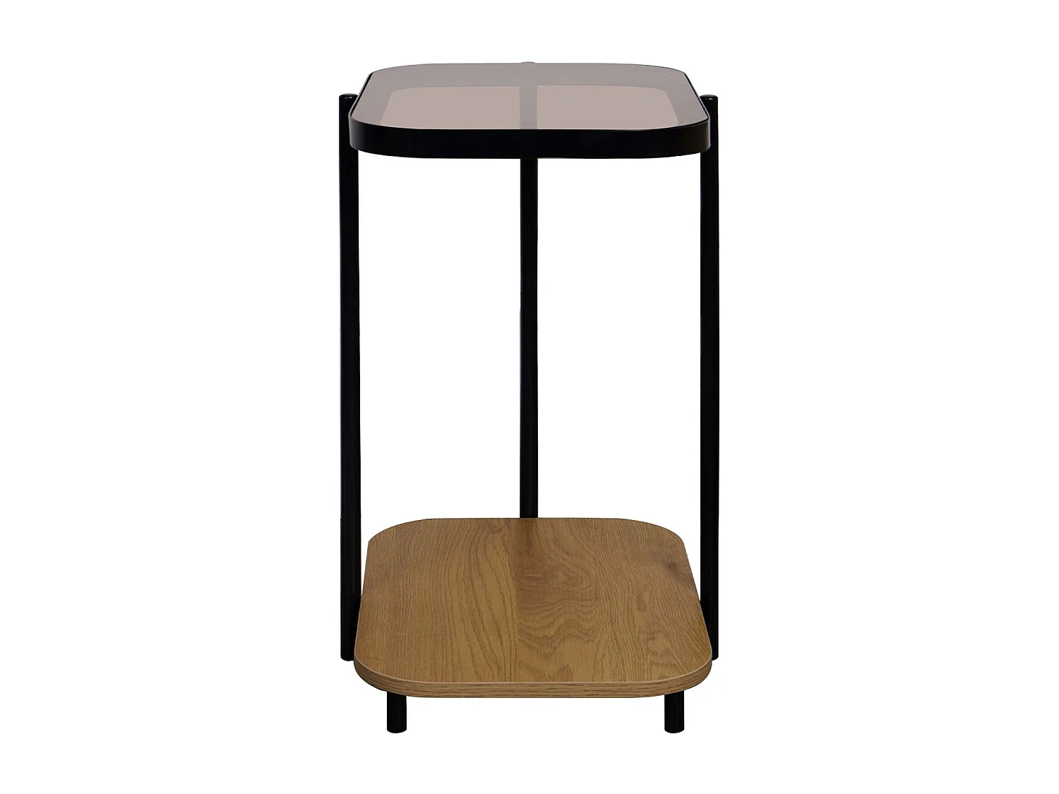 Bout de canapé vintage en métal noir avec 2 plateaux (verre et décor bois). bords arrondis