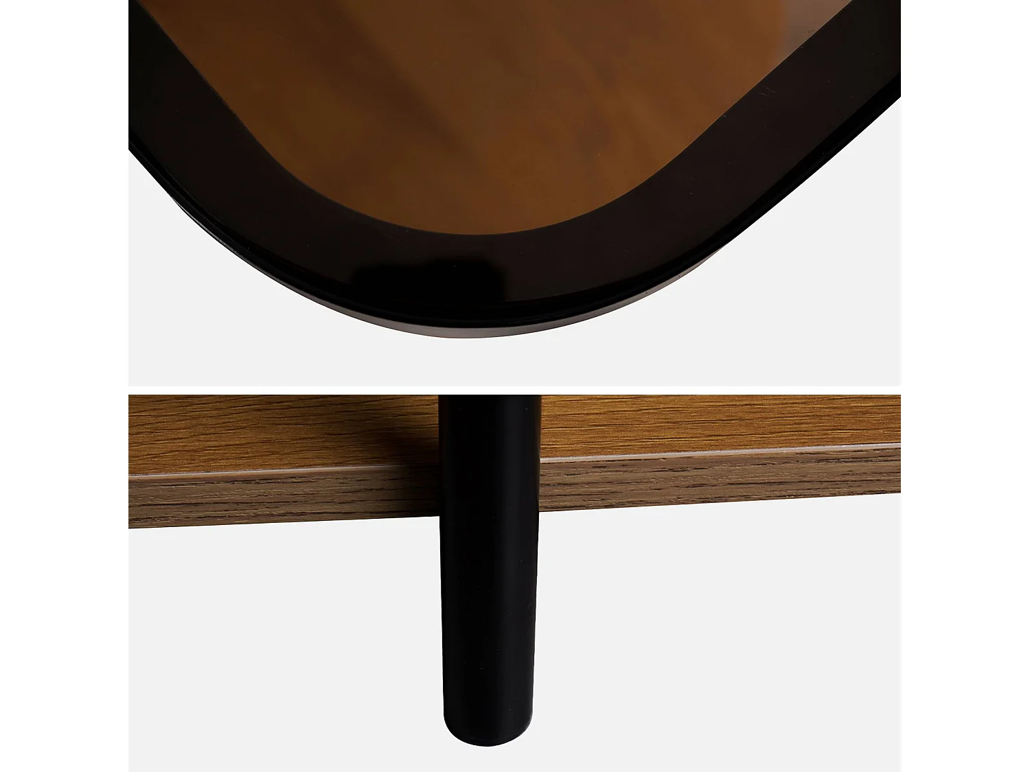 Bout de canapé vintage en métal noir avec 2 plateaux (verre et décor bois). bords arrondis