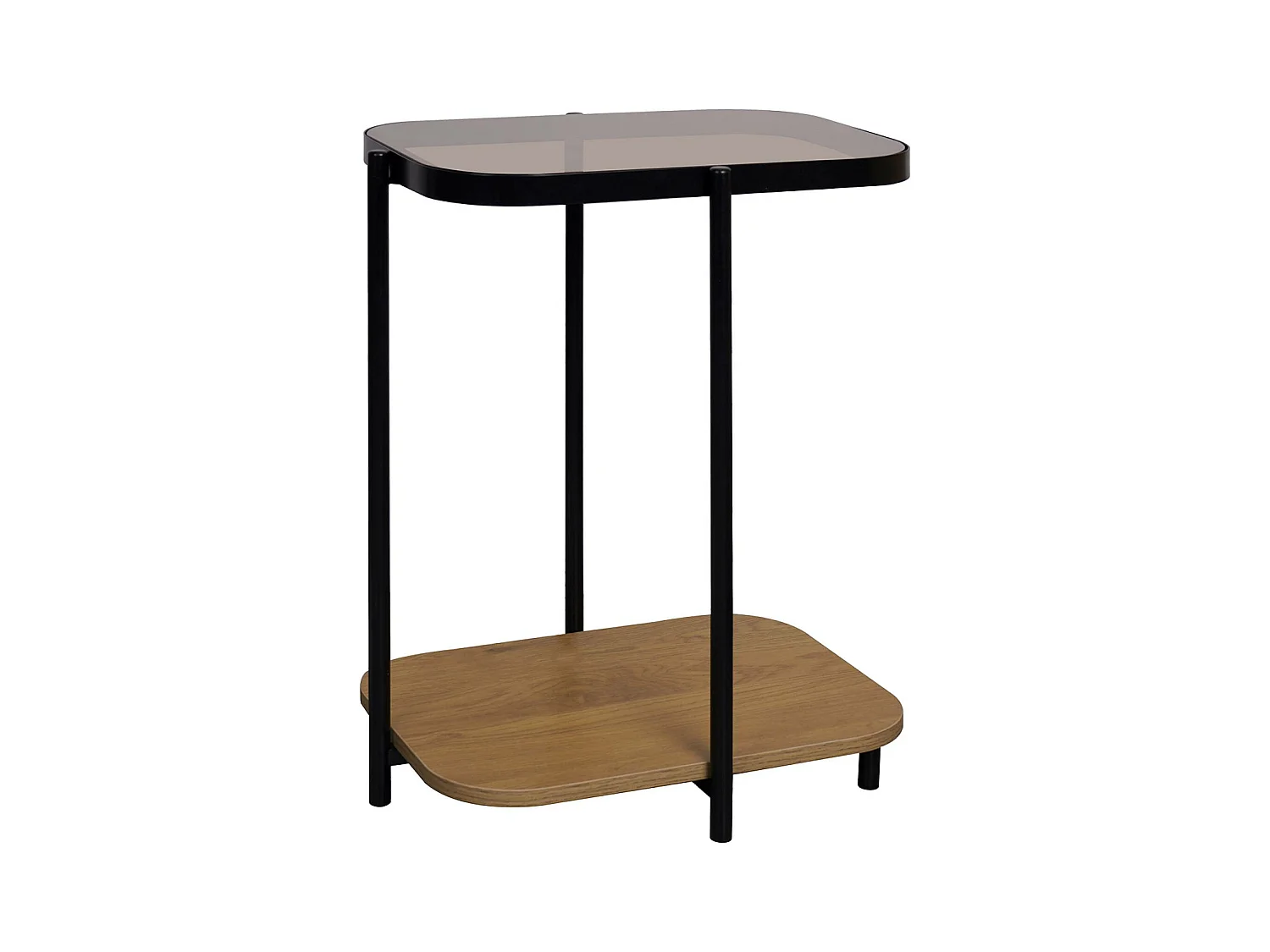 Bout de canapé vintage en métal noir avec 2 plateaux (verre et décor bois). bords arrondis