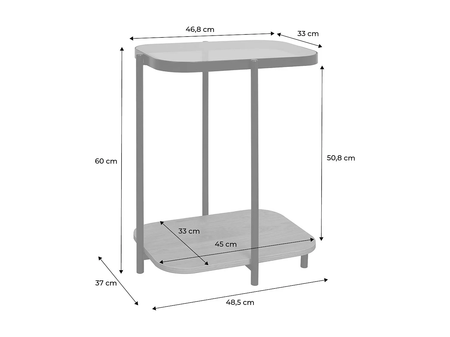 Tavolino vintage in metallo nero con piani in vetro, marrone naturale