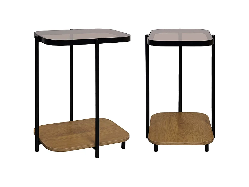Set di 2 tavolini da divano vintage in metallo nero e vetro, marrone