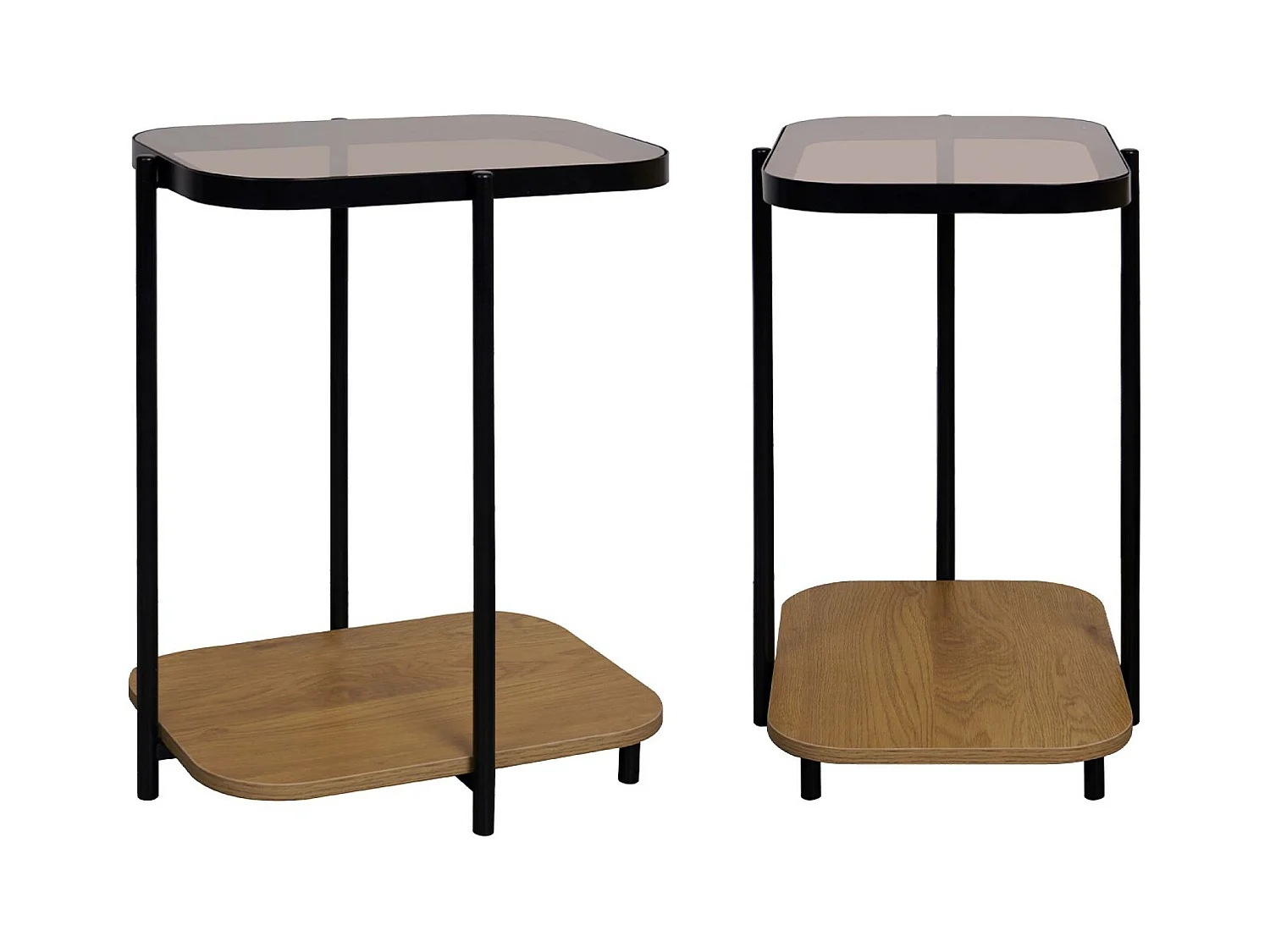 Lot de 2 bouts de canapé vintage en métal noir avec 2 plateaux (verre et décor bois). bords arrondis