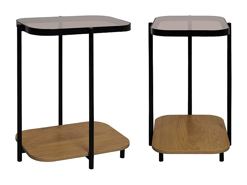 Lot de 2 bouts de canapé vintage en métal noir avec 2 plateaux (verre et décor bois). bords arrondis