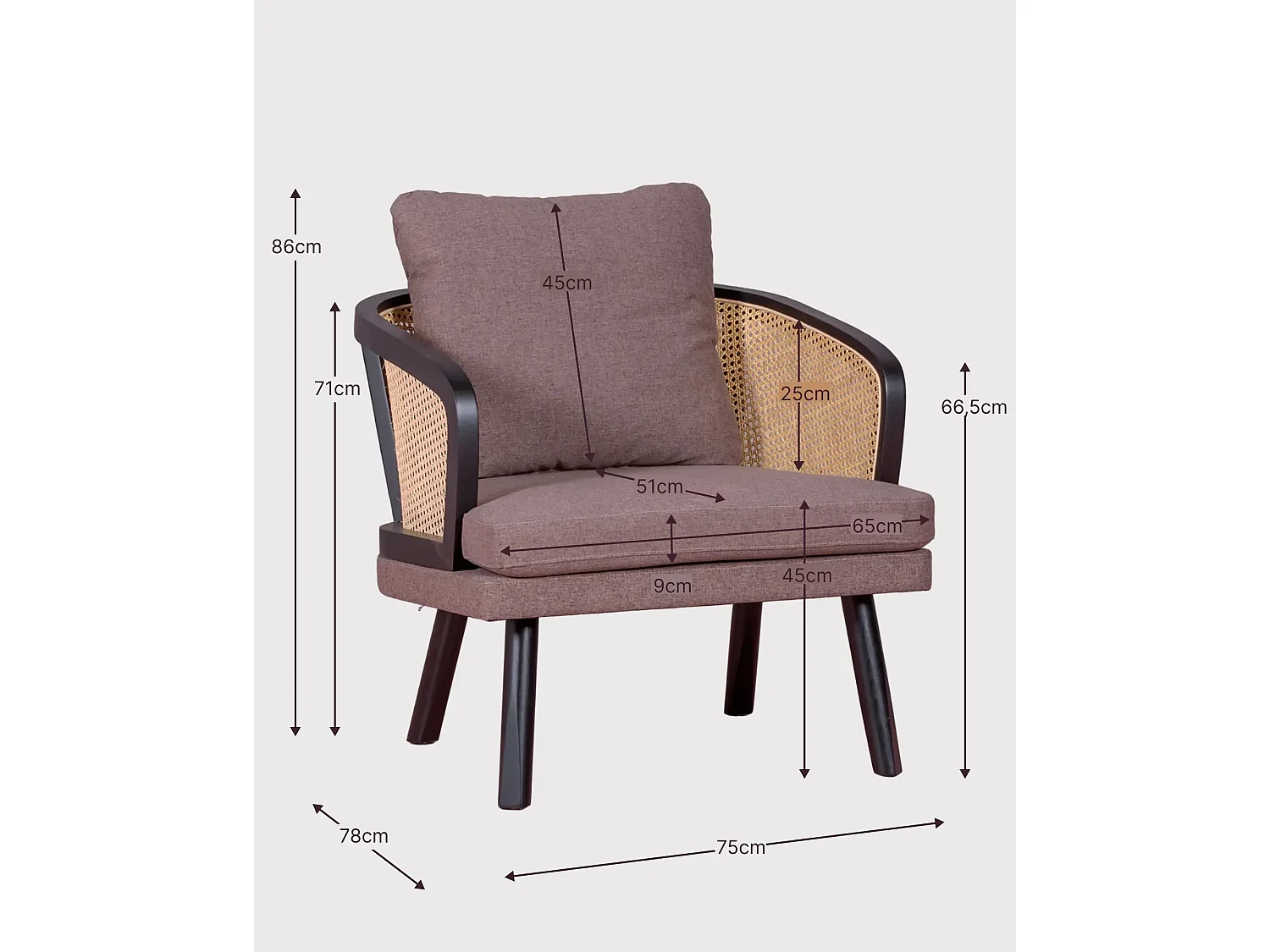 Cadeirão retro vintage em rotim natural e almofada de algodão - Leeds - Preto