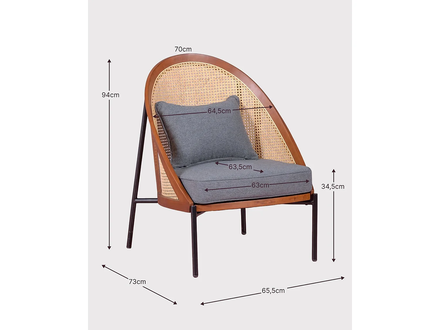 Vintage retro fauteuil van walnoothout en natuurlijk rotan - Robín - Okkernoot