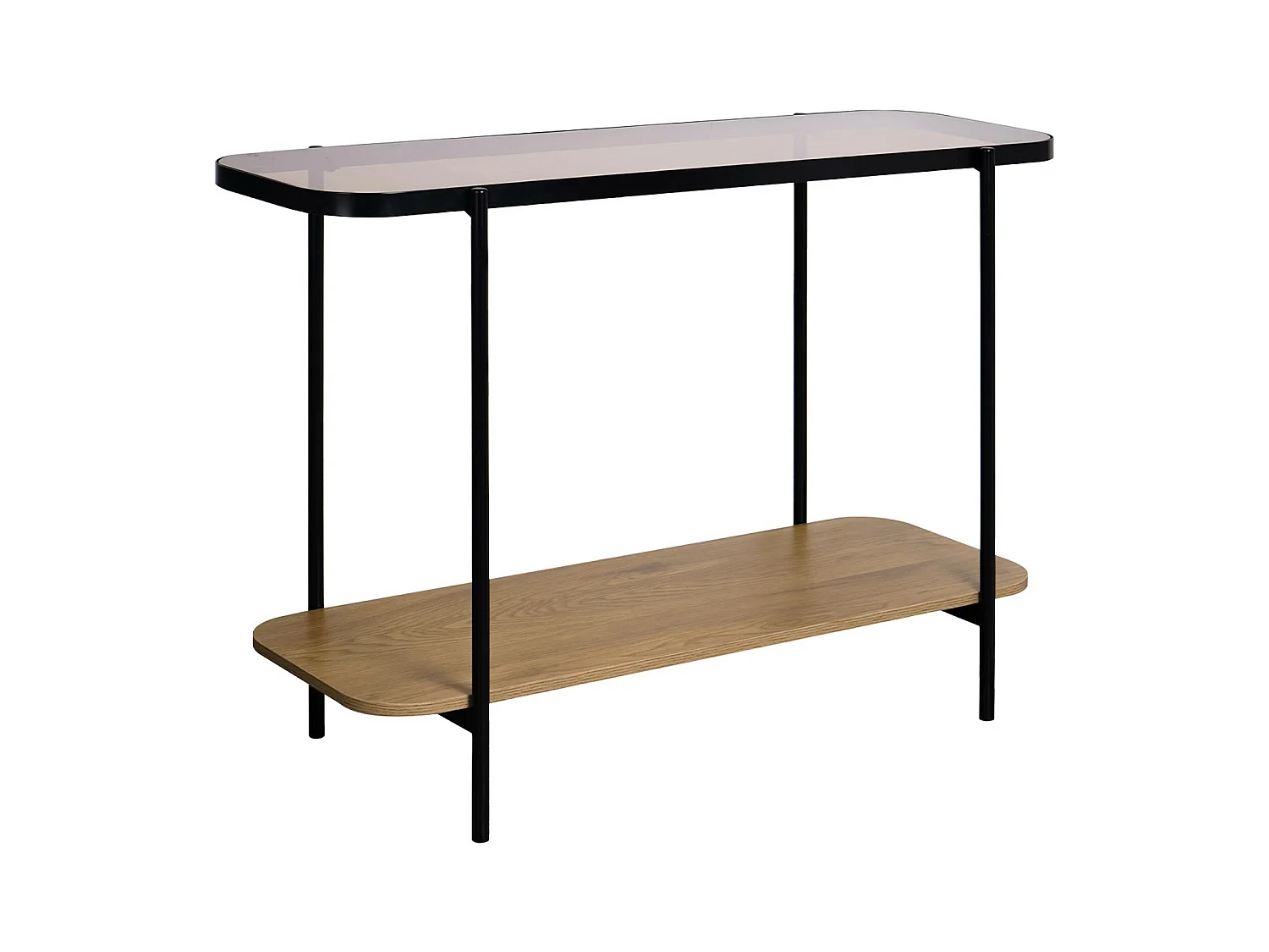 Consola vintage de metal negro con tapa de cristal y decoración de