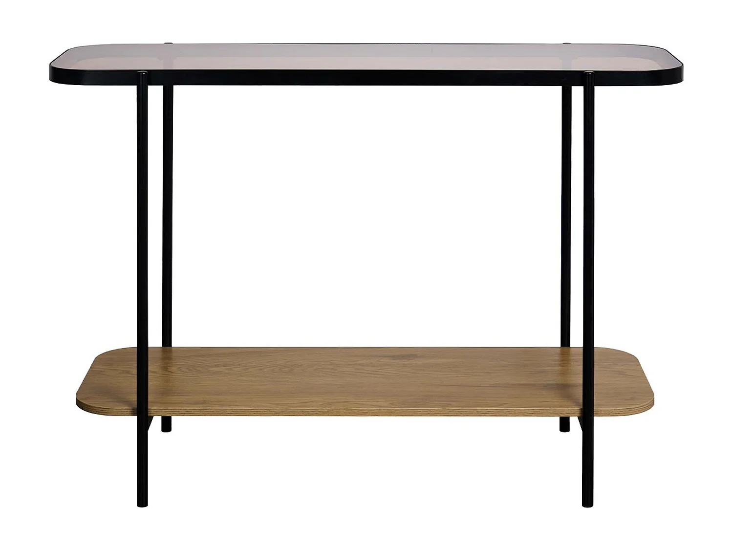 Consolle vintage in metallo nero con piano in vetro e decori in legno,