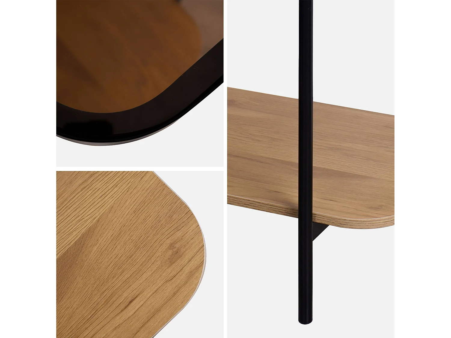 Consolle vintage in metallo nero con piano in vetro e decori in legno,