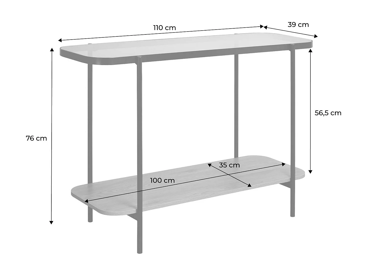 Consolle vintage in metallo nero con piano in vetro e decori in legno,