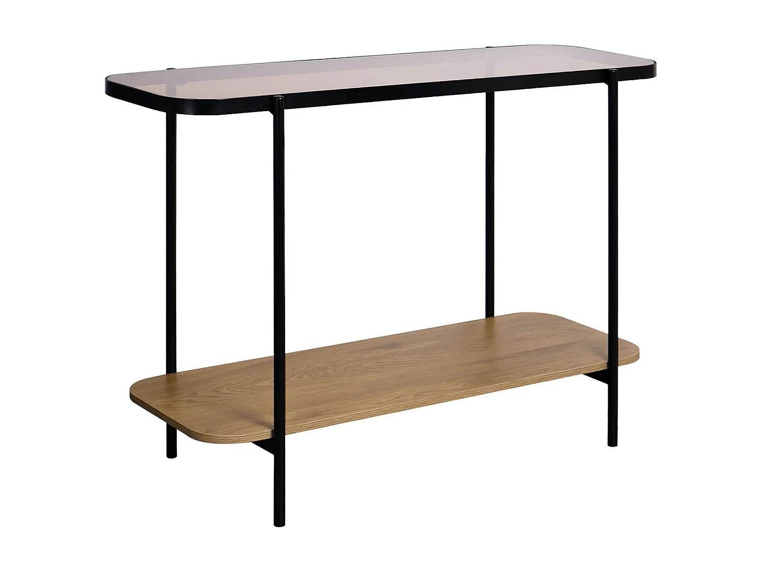 Consolle vintage in metallo nero con piano in vetro e decori in legno,