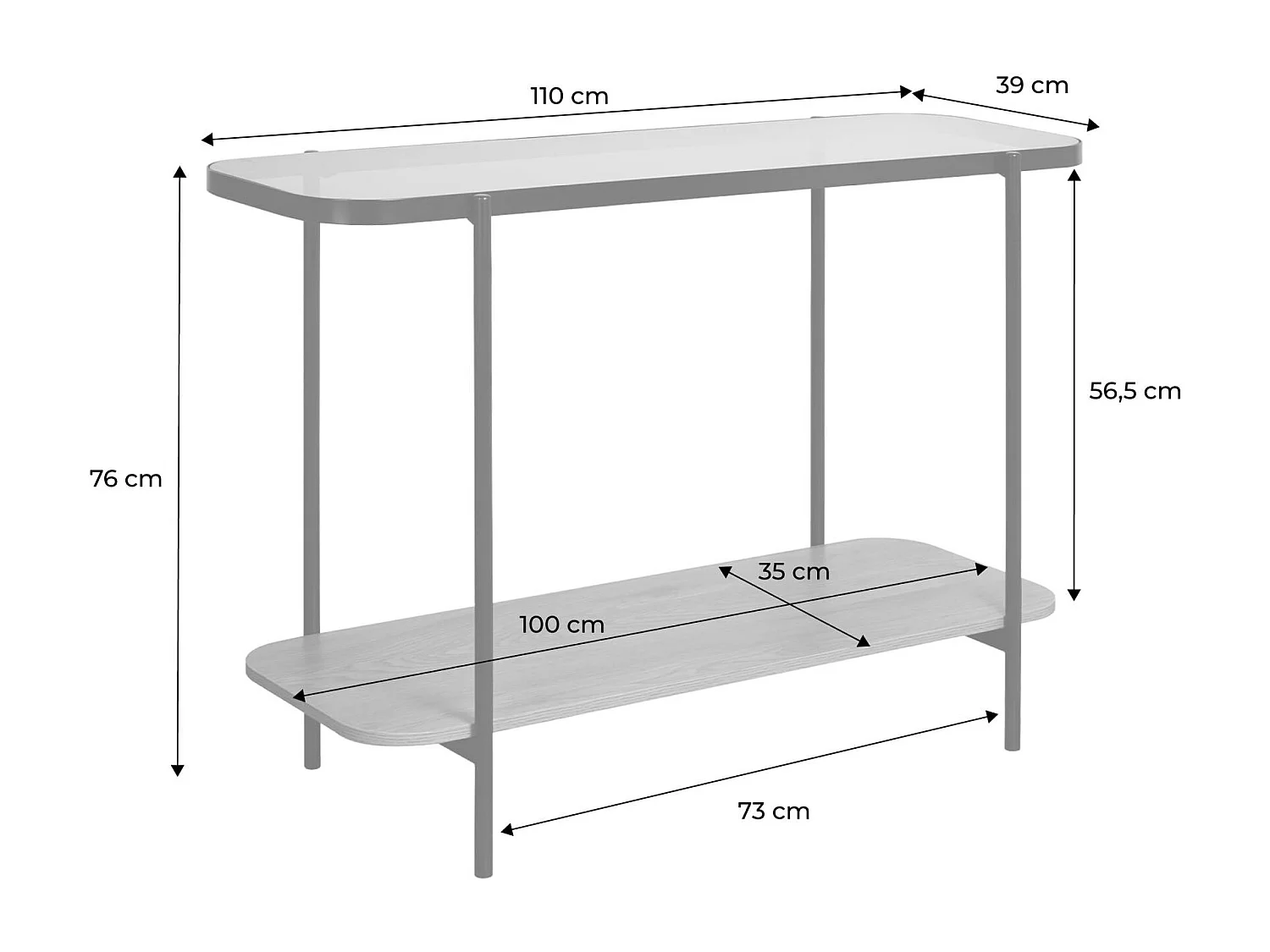 Consolle vintage in metallo nero con piano in vetro e decori in legno,