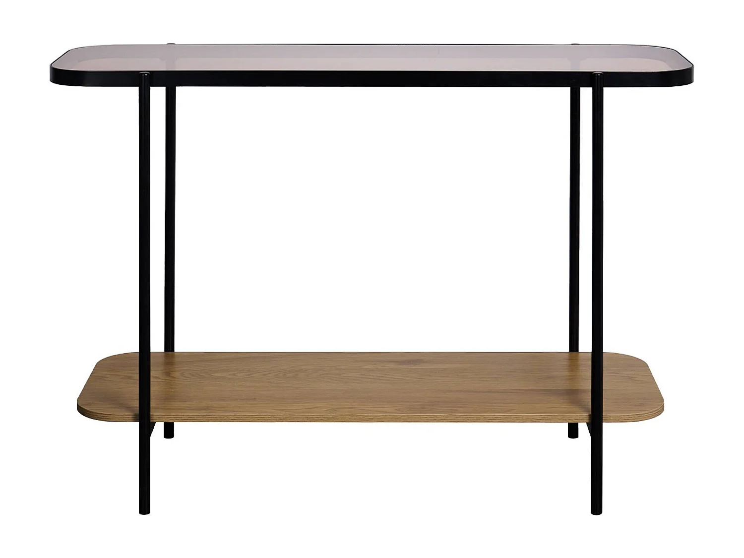 Consolle vintage in metallo nero con piano in vetro e decori in legno,