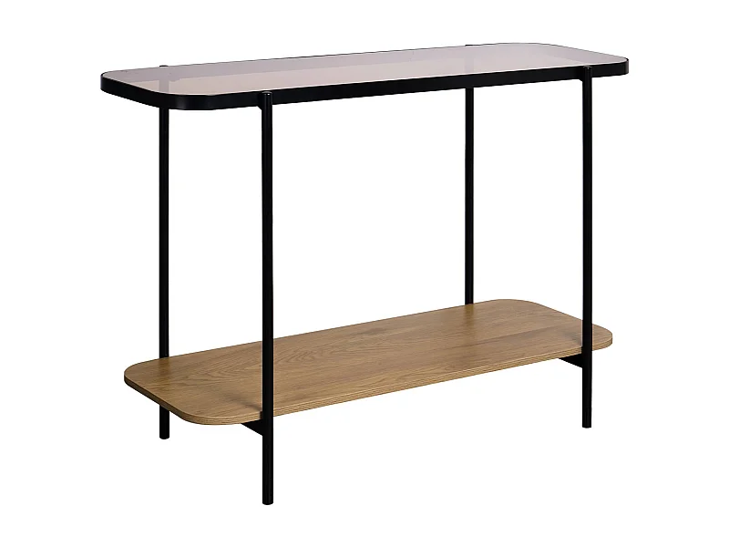 Console vintage en métal noir avec 2 plateaux (verre et décor bois). bords arrondis