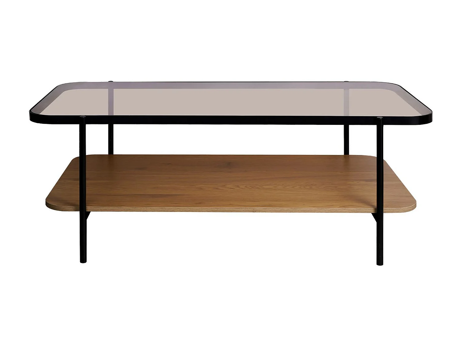 Table basse vintage en métal noir avec 2 plateaux (verre et décor bois). bords arrondis