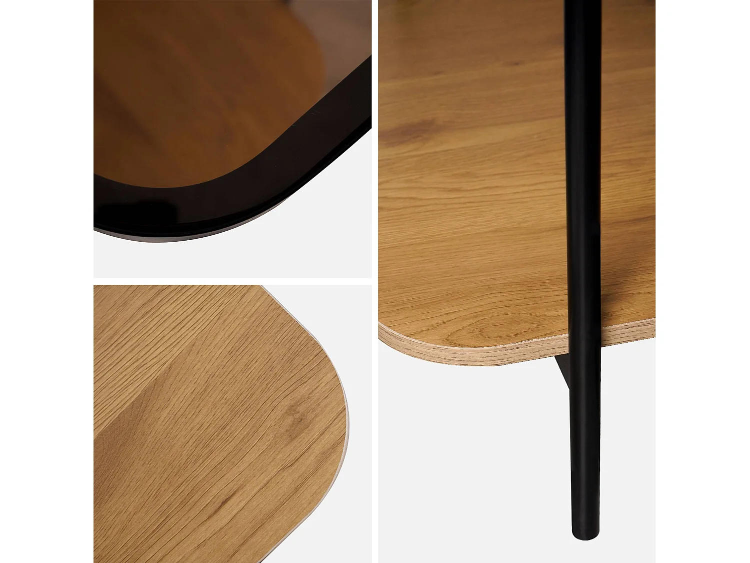 Table basse vintage en métal noir avec 2 plateaux (verre et décor bois). bords arrondis